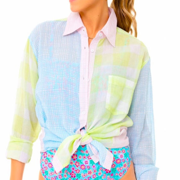 New Solid & Striped x Free People Oxford Med Pink Blue Plaid Coverup Buttondown - Picture 15 of 16